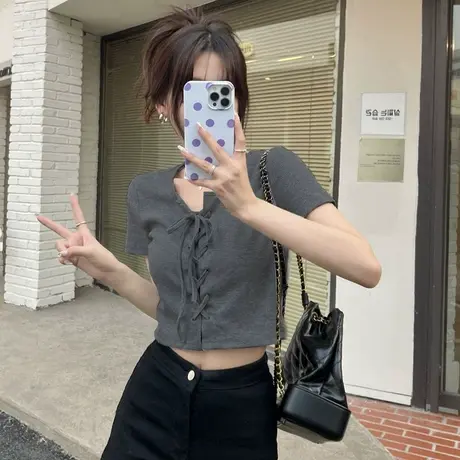 夏季2023新款修身短袖小众打底衫小衫短款t恤别致辣妹风上衣女装商品大图