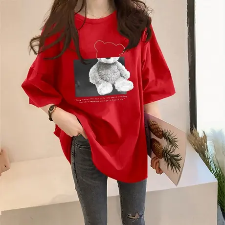 新年短袖t恤2023虎年大红色印花半袖上衣女韩版大码中长款ins潮商品大图