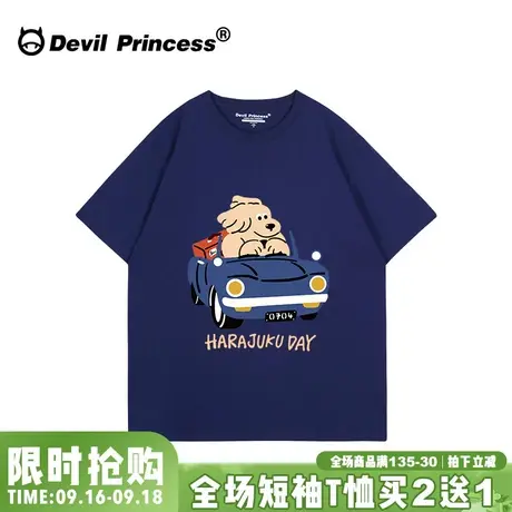 小众学院风可爱卡通藏蓝色短袖t恤女宽松正肩减龄显白半袖上衣潮图片