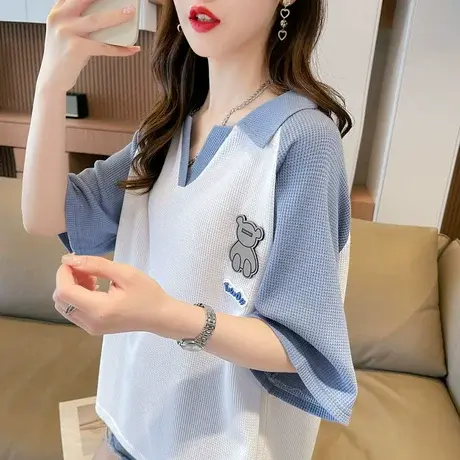 设计感小众polo领短袖t恤女夏季韩版宽松大码撞色娃娃领半袖上衣图片