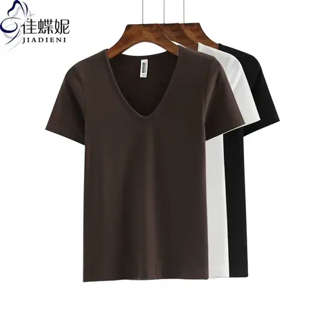 夏季新款韩版纯棉修身显瘦V领纯色打底短袖体恤上衣女装T恤商品大图