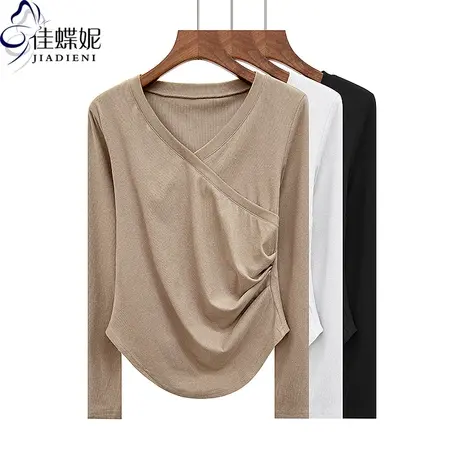 春秋新款韩版V领修身纯色褶皱纯棉不规则长袖体恤上衣内搭女打底商品大图