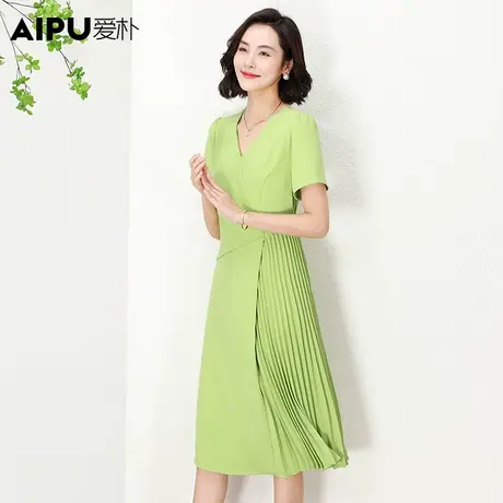 爱朴2023大码女装胖mm优雅风收腰百褶裙夏季胖妹妹显瘦V领连衣裙图片