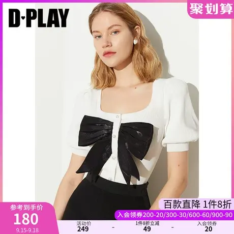DPLAY夏新款甜美少女泡泡袖拼接贝母光泽蝴蝶结针织衫商品大图