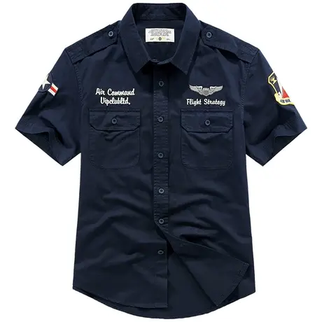 VIP工装短袖衬衫男美式复古休闲衬衣刺绣徽章夏季宽松纯棉上衣服商品大图