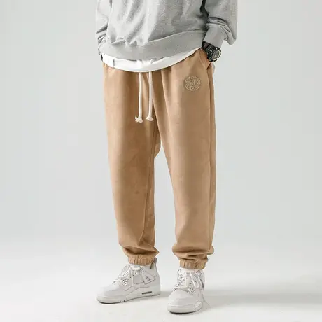 秋冬季中国风麂皮绒刺绣休闲裤男宽松大码胖子国潮哈伦运动束脚裤商品大图