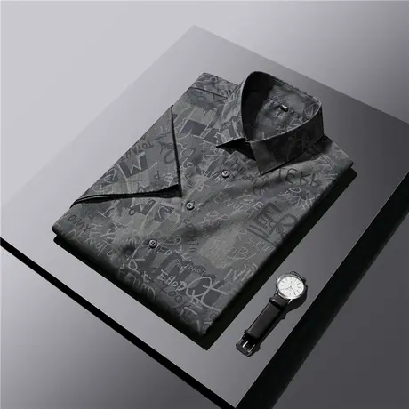 灰色印花短袖衬衫男士2022新款夏季薄款休闲寸衫商务冰丝衬衣男装图片