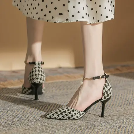 性感一字扣带高跟鞋女2023年春季新款气质尖头浅口千鸟格细跟单鞋商品大图
