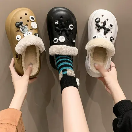 2023秋冬踩屎感增高厚底卡通气球狗DIY洞洞棉拖鞋女保暖加绒外穿商品大图