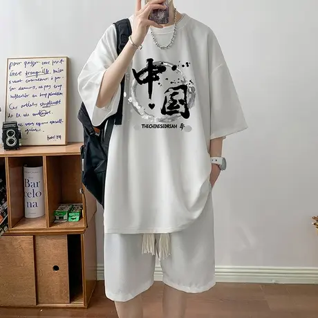 夏季2023年新款T恤男套装中国风国潮印花圆领宽松短袖短裤两件套图片