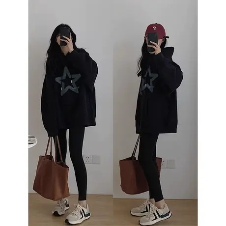 美式复古大码胖mm加绒加厚卫衣女新款春秋连帽韩版宽松上衣200斤商品大图