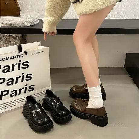 黑色小皮鞋女2024春季新款英伦洋气百搭单鞋小个子增高粗跟乐福鞋图片