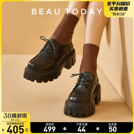 BeauToday厚底乐福鞋女新款粗跟真皮黑色BT英伦风小皮鞋女单鞋图片