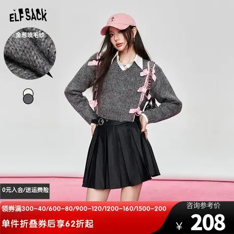 妖精的口袋v领蝴蝶结灰色针织衫女2024早春新款设计感气质毛衣图片