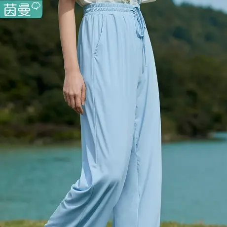 茵曼旗舰店宽松垂感直筒阔腿裤女士2023夏季新款显瘦开叉休闲长裤图片