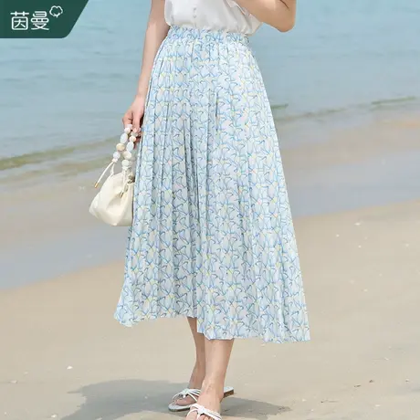 茵曼法式度假风碎花半身裙女2023夏季新款高腰显瘦A字百褶中长裙商品大图