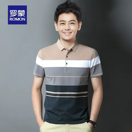 罗蒙男士纯棉短袖Polo衫夏季薄款商务休闲条纹带翻领T恤冰丝衣服图片
