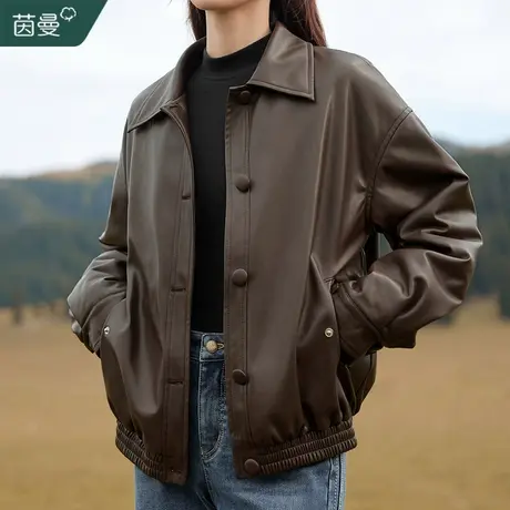 茵曼法式复古夹棉短款皮衣外套女2023冬季新款美拉德穿搭夹克上衣商品大图