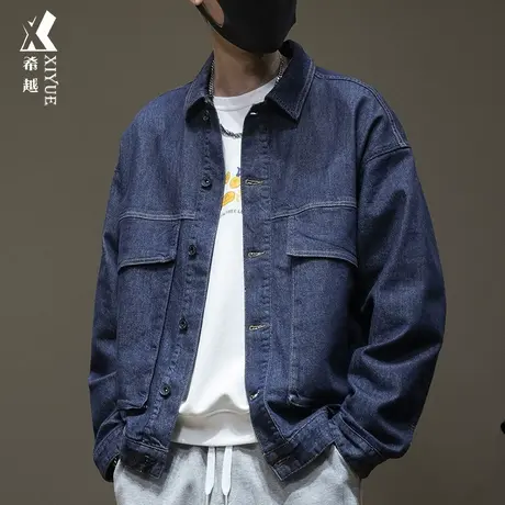 不掉色休闲牛仔外套男春秋季拼接牛仔衣宽松大码加绒加厚胖子男装商品大图