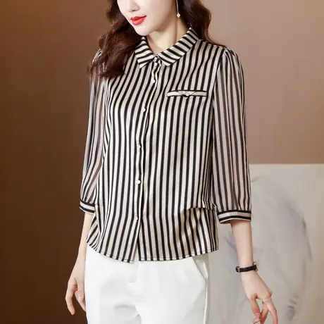 七分袖条纹缎面真丝衬衫女2023年秋季新款高级感气时尚减龄小衫女图片