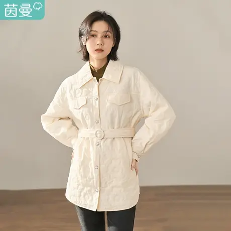 【商场同款】茵曼2022冬装新款简约纯色落肩袖型衬衫式棉衣外套女图片