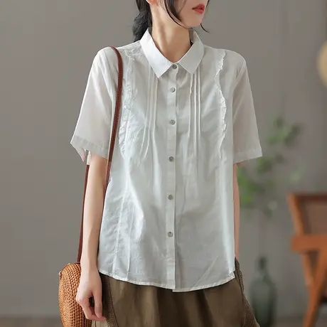 dza 复古白色苎麻上衣女士短袖衬衫2023新款夏季薄款气质棉麻衬衣图片