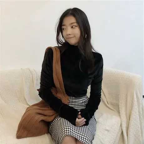 金丝绒高领打底衫女2023春秋冬内搭堆领长袖T恤新款洋气黑色上衣图片