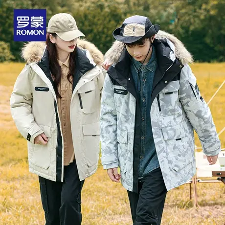 罗蒙2023年冬季新款工装户外情侣装羽绒服男女同款大毛领派克服潮图片