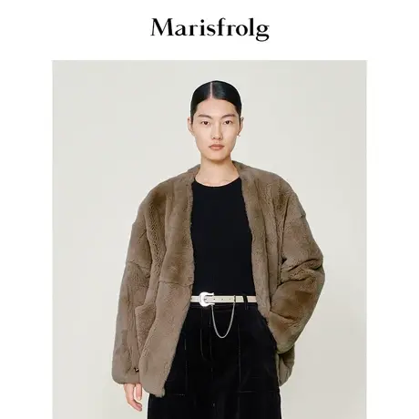 【商场同款】玛丝菲尔冬浅卡其色新款时尚无领獭兔毛皮草外套图片