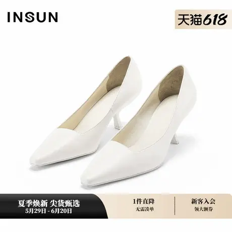 INSUN恩裳简约小牛皮小高跟方口尖头高跟鞋图片