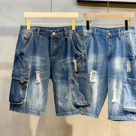 七分牛仔裤男潮牌宽松直筒2023年夏季薄款ins风工装男士7分短裤子商品大图