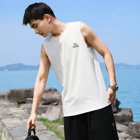 唐狮夏季新款男背心纯色宽松坎肩白色无袖内搭打底衫运动潮流商品大图