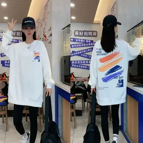 2023年秋季新款女装长袖卫衣彩印刷漆印花中长款潮流时尚套头上衣商品大图