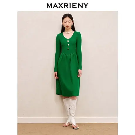 MAXRIENY精致复古风针织连衣裙2023秋冬新款收腰显瘦羊毛混纺裙子图片