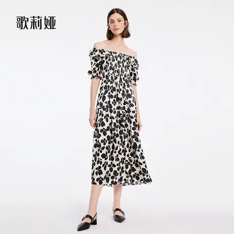歌莉娅法式印花连衣裙高级感打揽夏装女茶歇一字肩裙子1B6R4K4X0图片