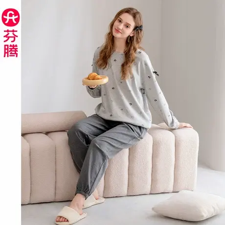芬腾纯棉睡衣女春秋季长袖长裤圆领套头休闲全棉可外穿家居服套装商品大图