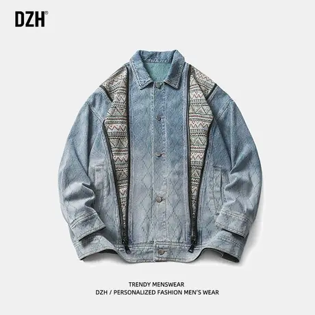男士拼接牛仔外套男春秋款潮牌翻领夹克上衣宽松男装2023新款衣服商品大图