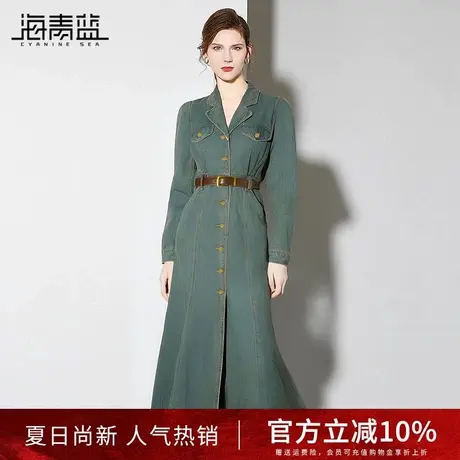 海青蓝复古收腰翻领单排扣牛仔连衣裙女2024秋季新款气质修身长裙商品大图