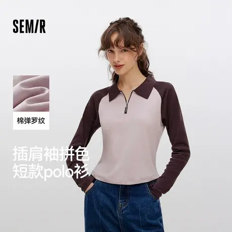 森马POLO衫女短款拼色插肩袖修身上衣小个子复古秋显瘦套头衫时尚商品大图