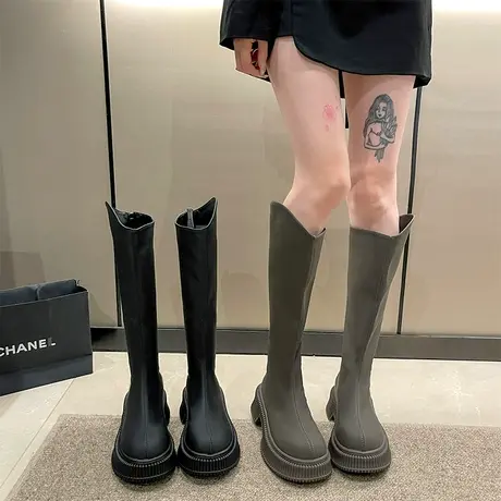 不过膝长筒靴女小个子厚底女鞋时尚黑色长靴复古瘦瘦高筒骑士靴子商品大图