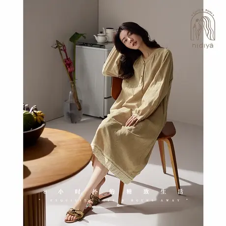 妮狄娅睡衣睡裙女秋季纯棉长袖法式复古中长裙春秋款可外穿家居服商品大图