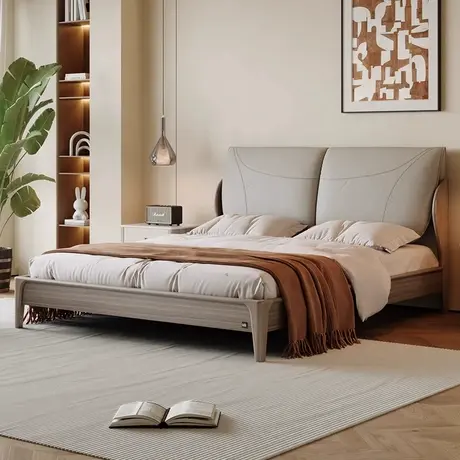 顾家家居实木白蜡木现代简约头层牛皮床头软包软靠小户型全实木床商品大图