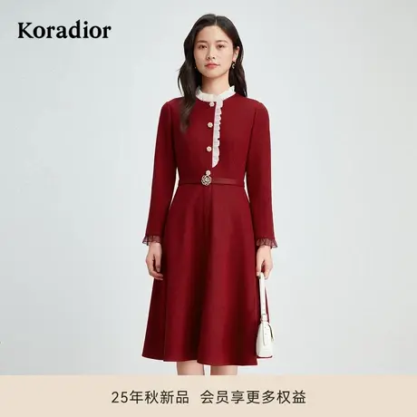 珂莱蒂尔秋季款法式复古气质浪漫玫瑰系穿搭修身红色A字连衣裙商品大图
