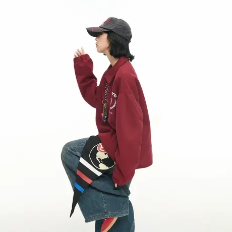 美式复古polo领创意印花卫衣女春秋新款宽松学院风情侣款套头上衣商品大图