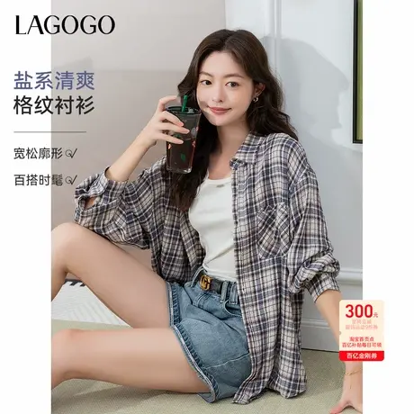 易打理LAGOGO格子通勤衬衫女拉谷谷2025年秋季新款宽松休闲薄外套图片