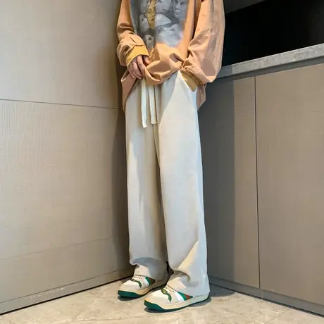 日系灯芯绒裤子男款秋季潮牌宽松直筒裤美式复古白色休闲长裤男生商品大图