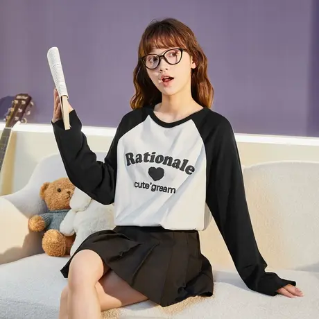 唐狮秋冬新款插肩袖长袖T恤女休闲百搭撞色拼接打底上衣女潮TE商品大图