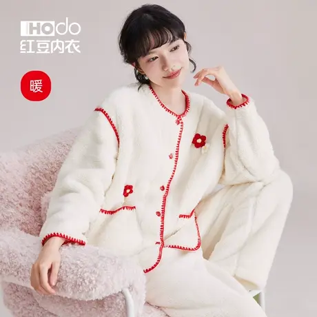 红豆女士睡衣秋冬款加厚珊瑚绒保暖可外穿开襟居家休闲家居服套装商品大图