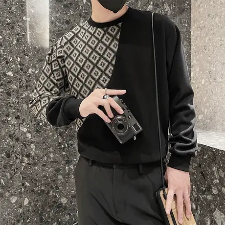 拼接卫衣男春秋季长袖T恤高级感个性痞帅发型师圆领内搭上衣体恤商品大图