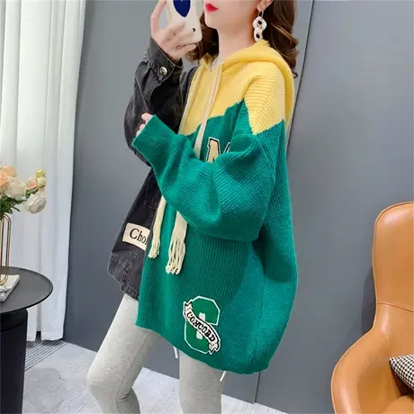 设计感牛仔拼接连帽毛衣女2022年新款秋冬韩版宽松慵懒风洋气上衣商品大图